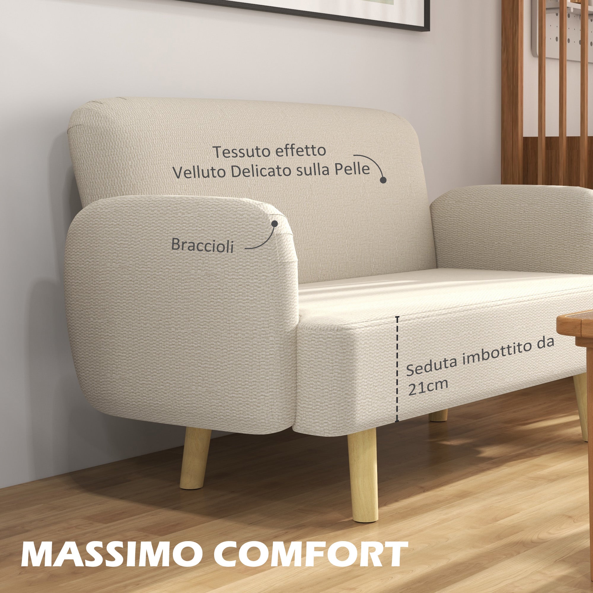 2-Seater Modern Scandinavian Fabric Sofa with Armrests, 2-Seater Sofa with 21 cm Padding Wooden Legs for Living Room, Lounge, Home and Office, 140x74x79 cm, Cream