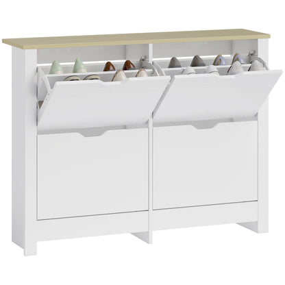 Slim Shoe Cabinet with 4 Flip Doors – Space-Saving Shoe Rack for Up to 16 Pairs, 105 x 26 x 80 cm (White/Natural)