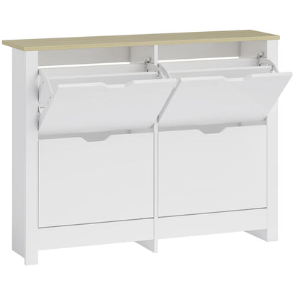 Slim Shoe Cabinet with 4 Flip Doors – Space-Saving Shoe Rack for Up to 16 Pairs, 105 x 26 x 80 cm (White/Natural)