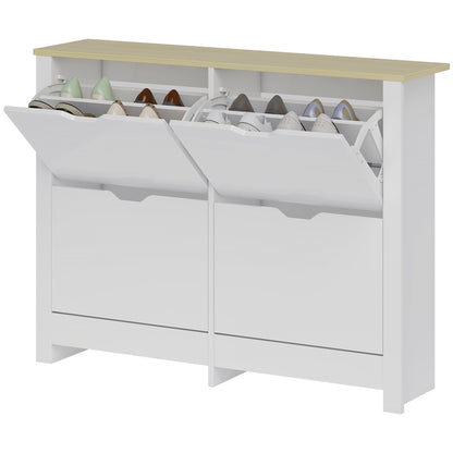 Slim Shoe Cabinet with 4 Flip Doors – Space-Saving Shoe Rack for Up to 16 Pairs, 105 x 26 x 80 cm (White/Natural)