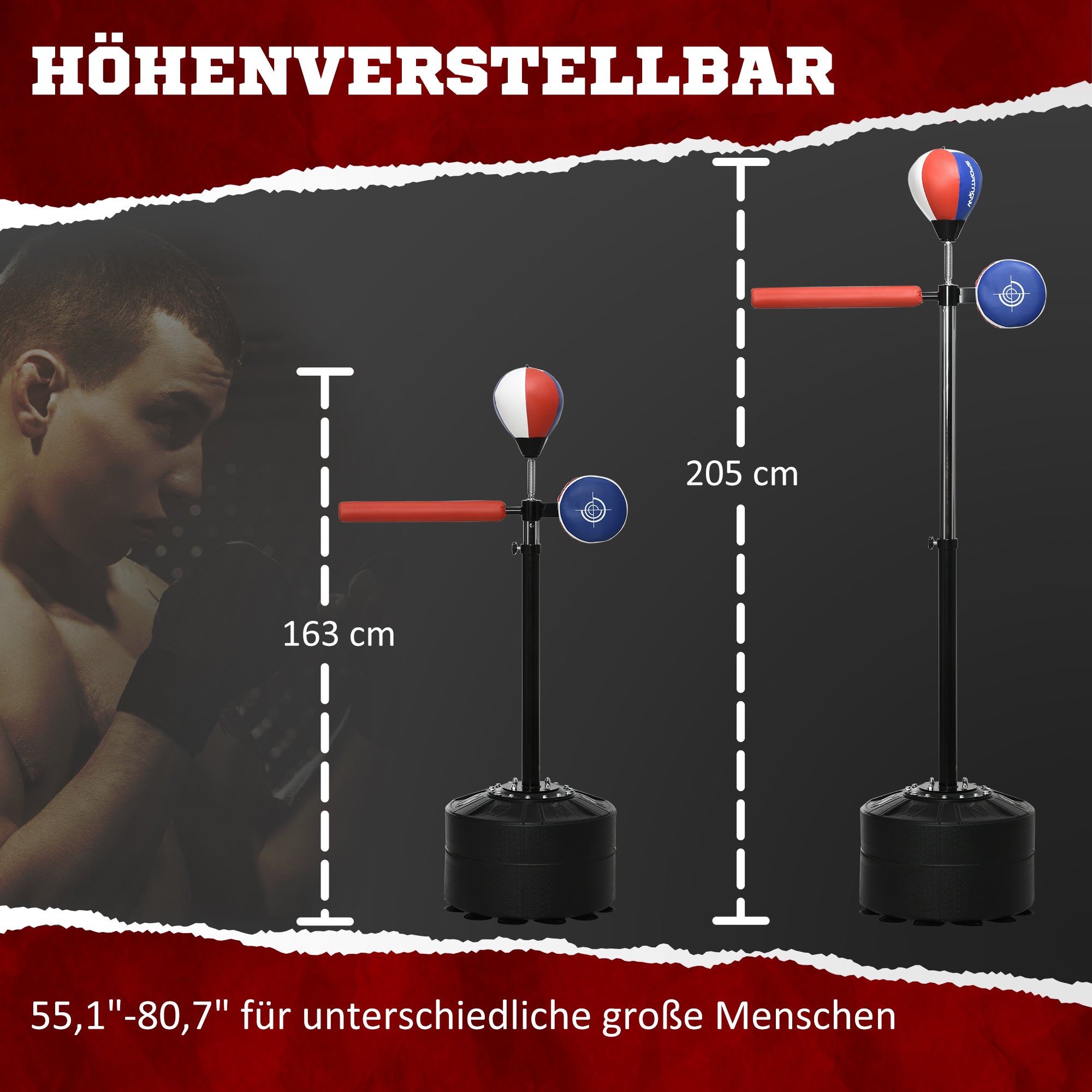 SPORTNOW Punching Bag Stand with Speedball, Reflex Bar, 1.63-2.05 m Height Adjustable Free Standing Boxing Ball with Mitt, Stand Boxing Trainer for Boxing, HDPE, Synthetic Leather