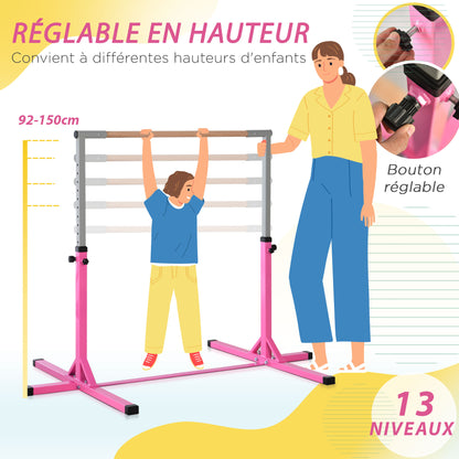 Kids Fixed Gymnastics Bar - 13 Levels Adjustable Height 92 to 150 cm - Pink Steel Solid Beech Wood