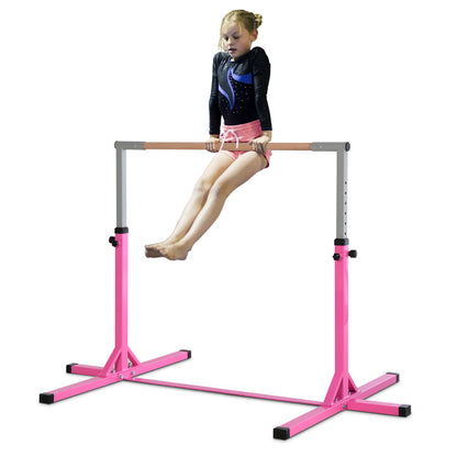 Kids Fixed Gymnastics Bar - 13 Levels Adjustable Height 92 to 150 cm - Pink Steel Solid Beech Wood