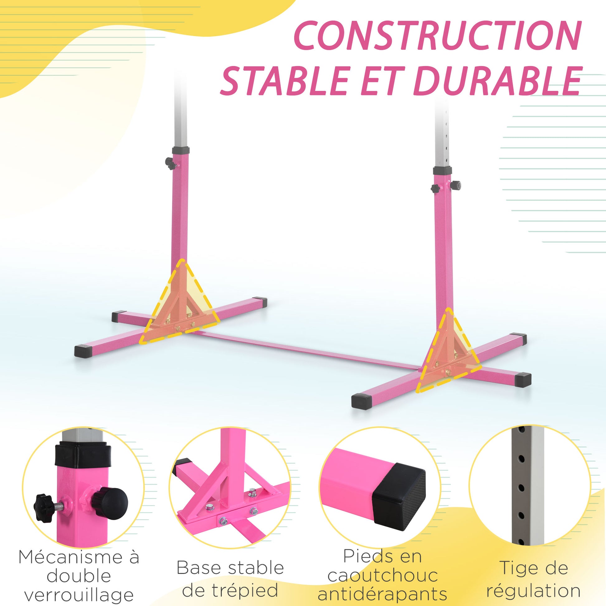 Kids Fixed Gymnastics Bar - 13 Levels Adjustable Height 92 to 150 cm - Pink Steel Solid Beech Wood