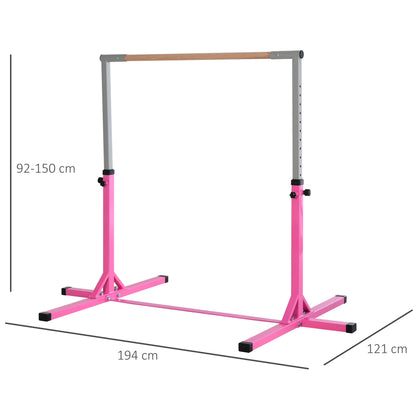 Kids Fixed Gymnastics Bar - 13 Levels Adjustable Height 92 to 150 cm - Pink Steel Solid Beech Wood