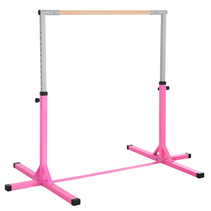 Kids Fixed Gymnastics Bar - 13 Levels Adjustable Height 92 to 150 cm - Pink Steel Solid Beech Wood