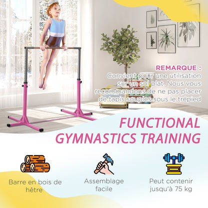 Kids Fixed Gymnastics Bar - 13 Levels Adjustable Height 92 to 150 cm - Pink Steel Solid Beech Wood