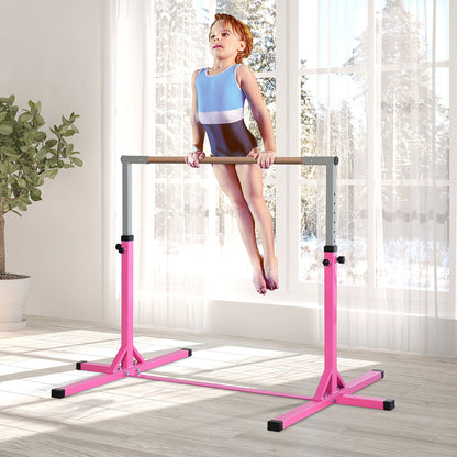 Kids Fixed Gymnastics Bar - 13 Levels Adjustable Height 92 to 150 cm - Pink Steel Solid Beech Wood