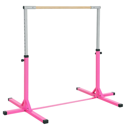 Kids Fixed Gymnastics Bar - 13 Levels Adjustable Height 92 to 150 cm - Pink Steel Solid Beech Wood