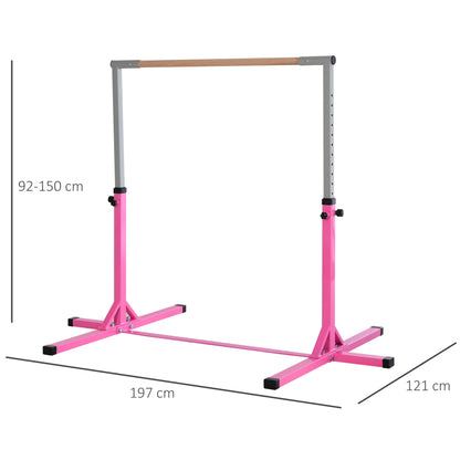 Kids Fixed Gymnastics Bar - 13 Levels Adjustable Height 92 to 150 cm - Pink Steel Solid Beech Wood
