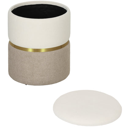 Storage Footstool Footstool with Lid, Metal Ring, Two-Tone Design Round Footstool Upholstered Stool, Chenille 36 x 36 x 44 cm Cream White