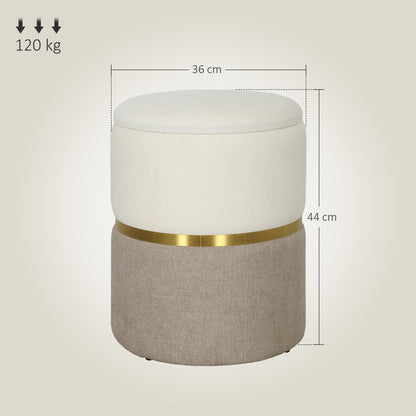 Storage Footstool Footstool with Lid, Metal Ring, Two-Tone Design Round Footstool Upholstered Stool, Chenille 36 x 36 x 44 cm Cream White