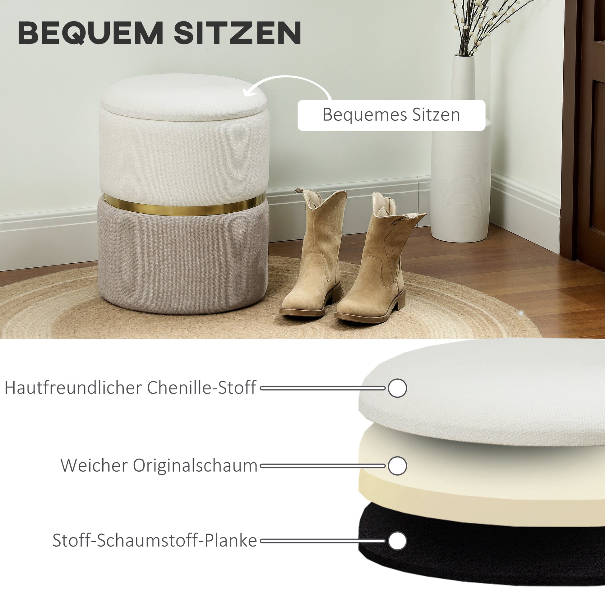 Storage Footstool Footstool with Lid, Metal Ring, Two-Tone Design Round Footstool Upholstered Stool, Chenille 36 x 36 x 44 cm Cream White