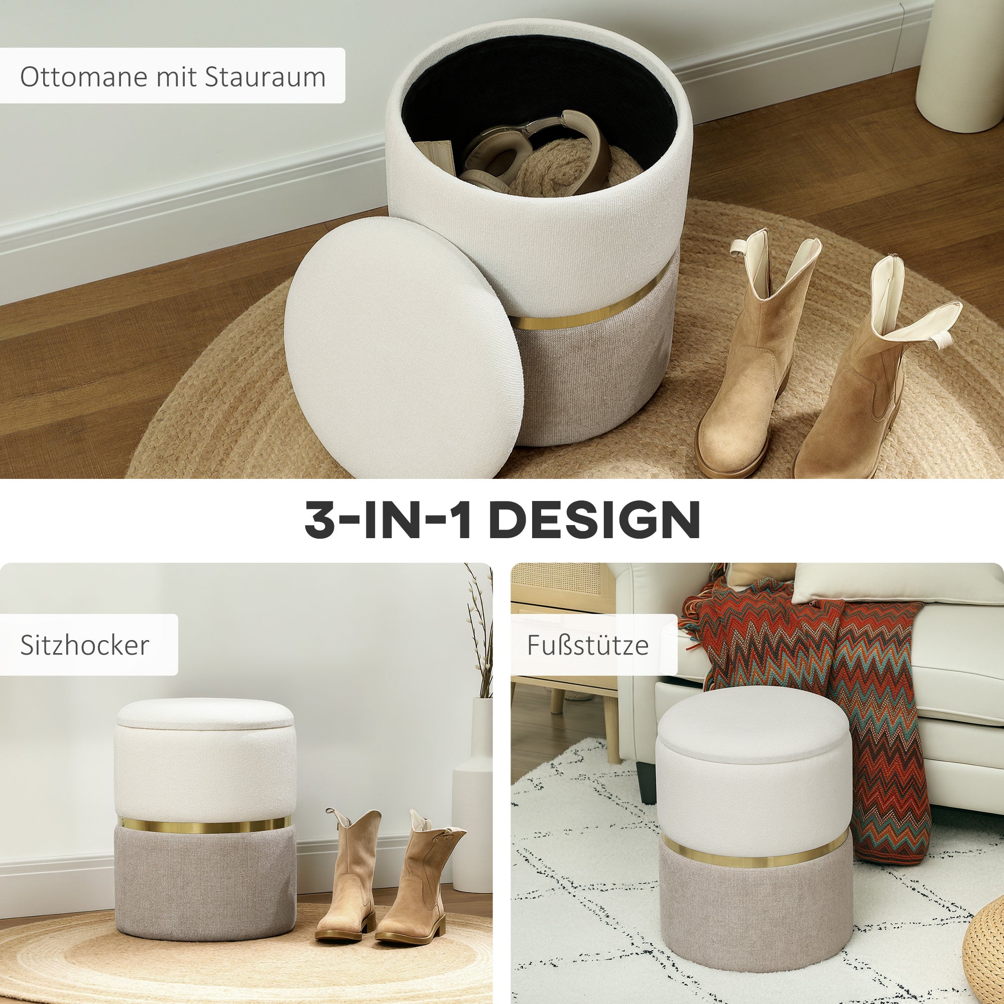 Storage Footstool Footstool with Lid, Metal Ring, Two-Tone Design Round Footstool Upholstered Stool, Chenille 36 x 36 x 44 cm Cream White