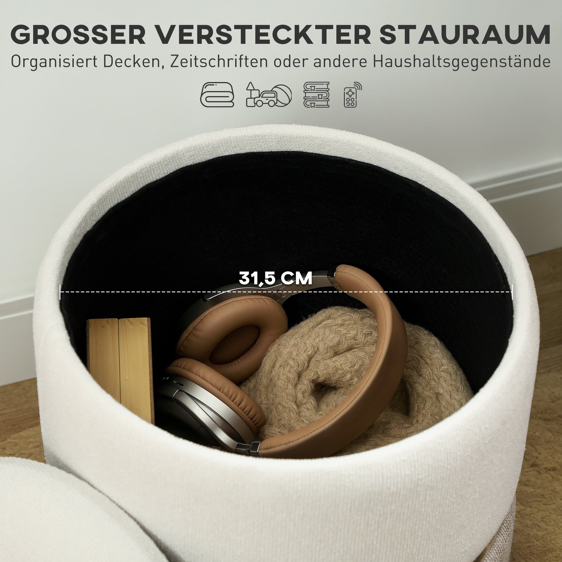 Storage Footstool Footstool with Lid, Metal Ring, Two-Tone Design Round Footstool Upholstered Stool, Chenille 36 x 36 x 44 cm Cream White