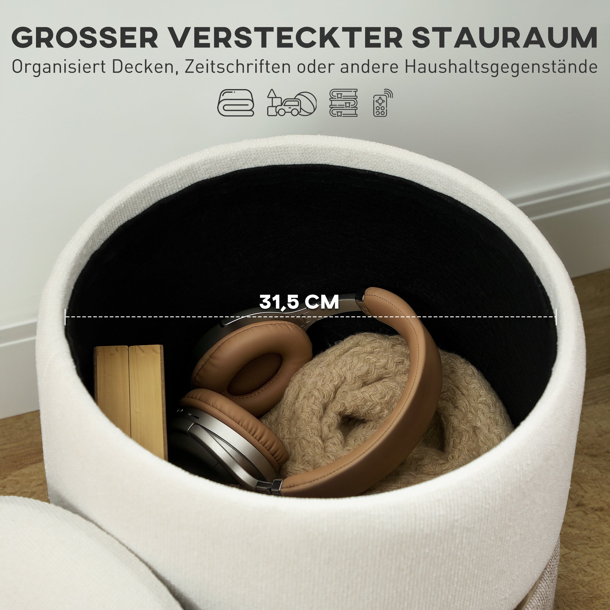 Storage Footstool Footstool with Lid, Metal Ring, Two-Tone Design Round Footstool Upholstered Stool, Chenille 36 x 36 x 44 cm Cream White