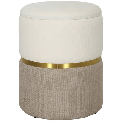 Storage Footstool Footstool with Lid, Metal Ring, Two-Tone Design Round Footstool Upholstered Stool, Chenille 36 x 36 x 44 cm Cream White
