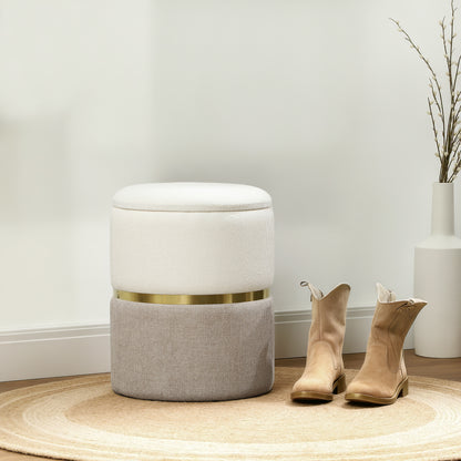 Storage Footstool Footstool with Lid, Metal Ring, Two-Tone Design Round Footstool Upholstered Stool, Chenille 36 x 36 x 44 cm Cream White