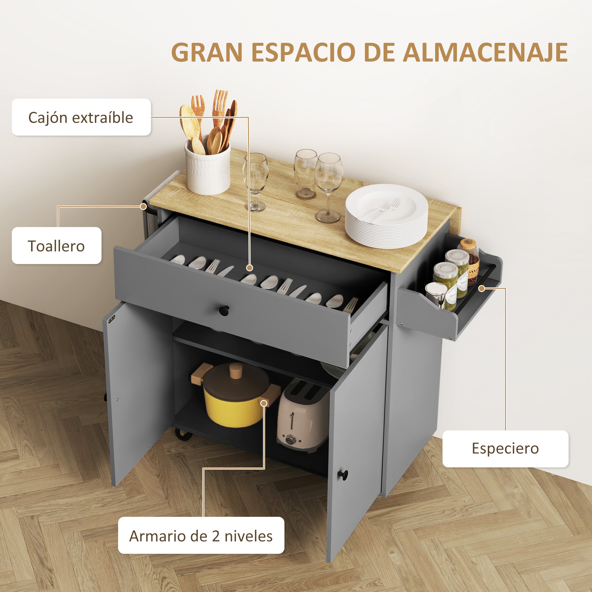 Kitchen Island with Foldable Leaf Kitchen Cart Kitchen Utility Cart with Wheels 2 Doors Drawer Spice Rack Towel Rack and Adjustable Shelf 106x42x87 cm Gray and Oak