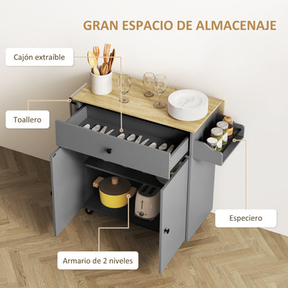 Kitchen Island with Foldable Leaf Kitchen Cart Kitchen Utility Cart with Wheels 2 Doors Drawer Spice Rack Towel Rack and Adjustable Shelf 106x42x87 cm Gray and Oak