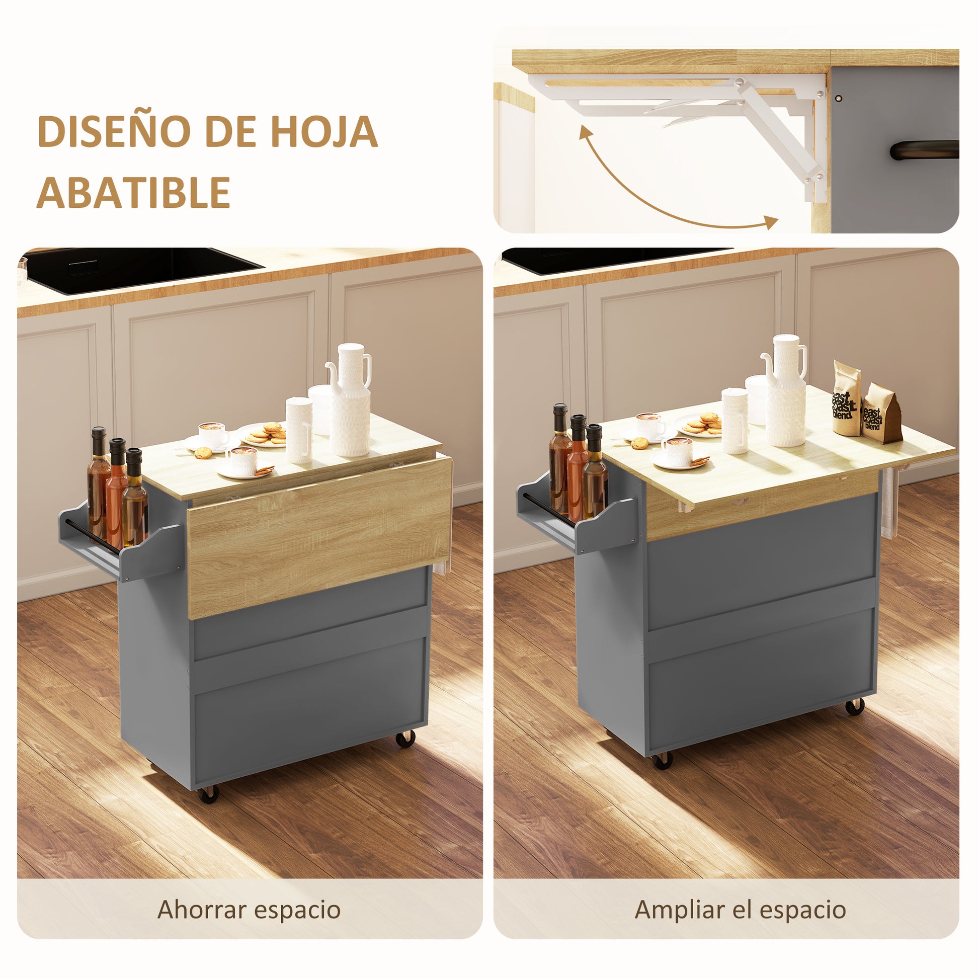 Kitchen Island with Foldable Leaf Kitchen Cart Kitchen Utility Cart with Wheels 2 Doors Drawer Spice Rack Towel Rack and Adjustable Shelf 106x42x87 cm Gray and Oak
