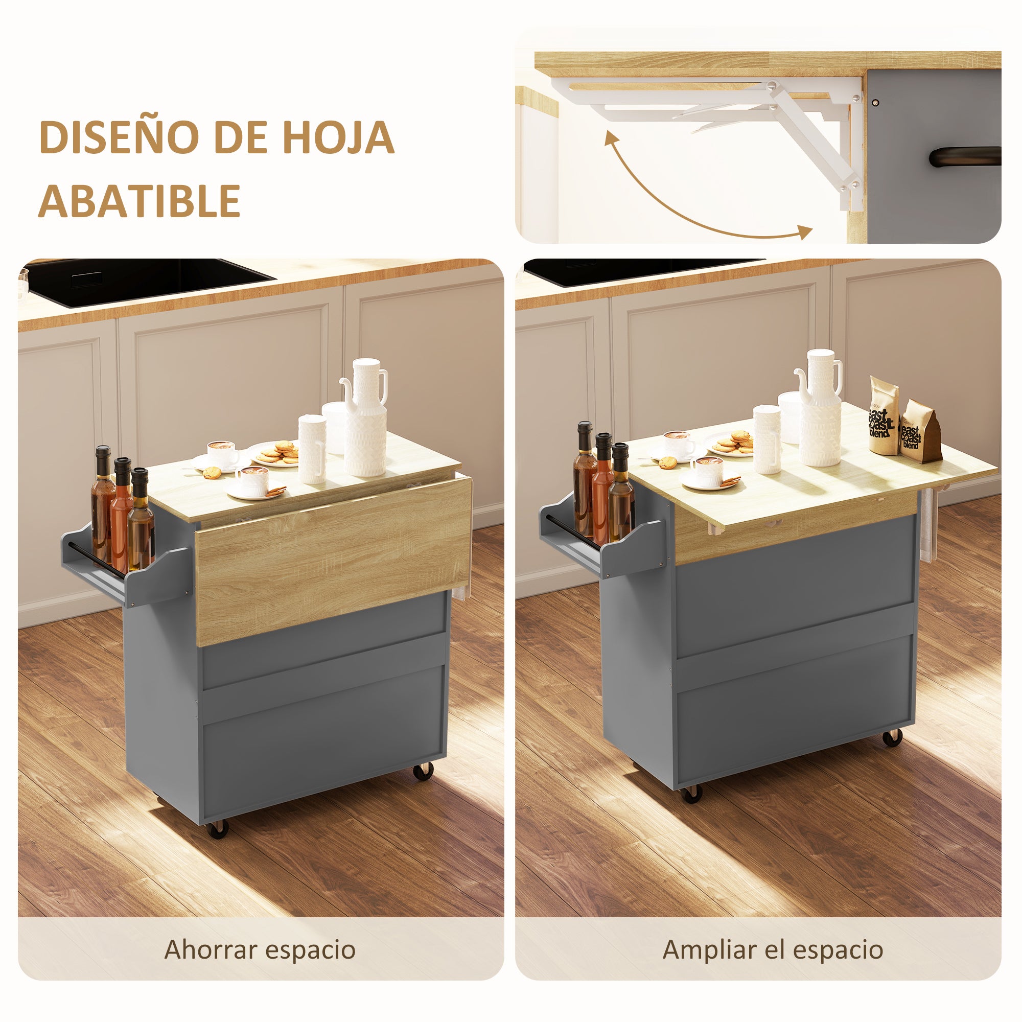 Kitchen Island with Foldable Leaf Kitchen Cart Kitchen Utility Cart with Wheels 2 Doors Drawer Spice Rack Towel Rack and Adjustable Shelf 106x42x87 cm Gray and Oak