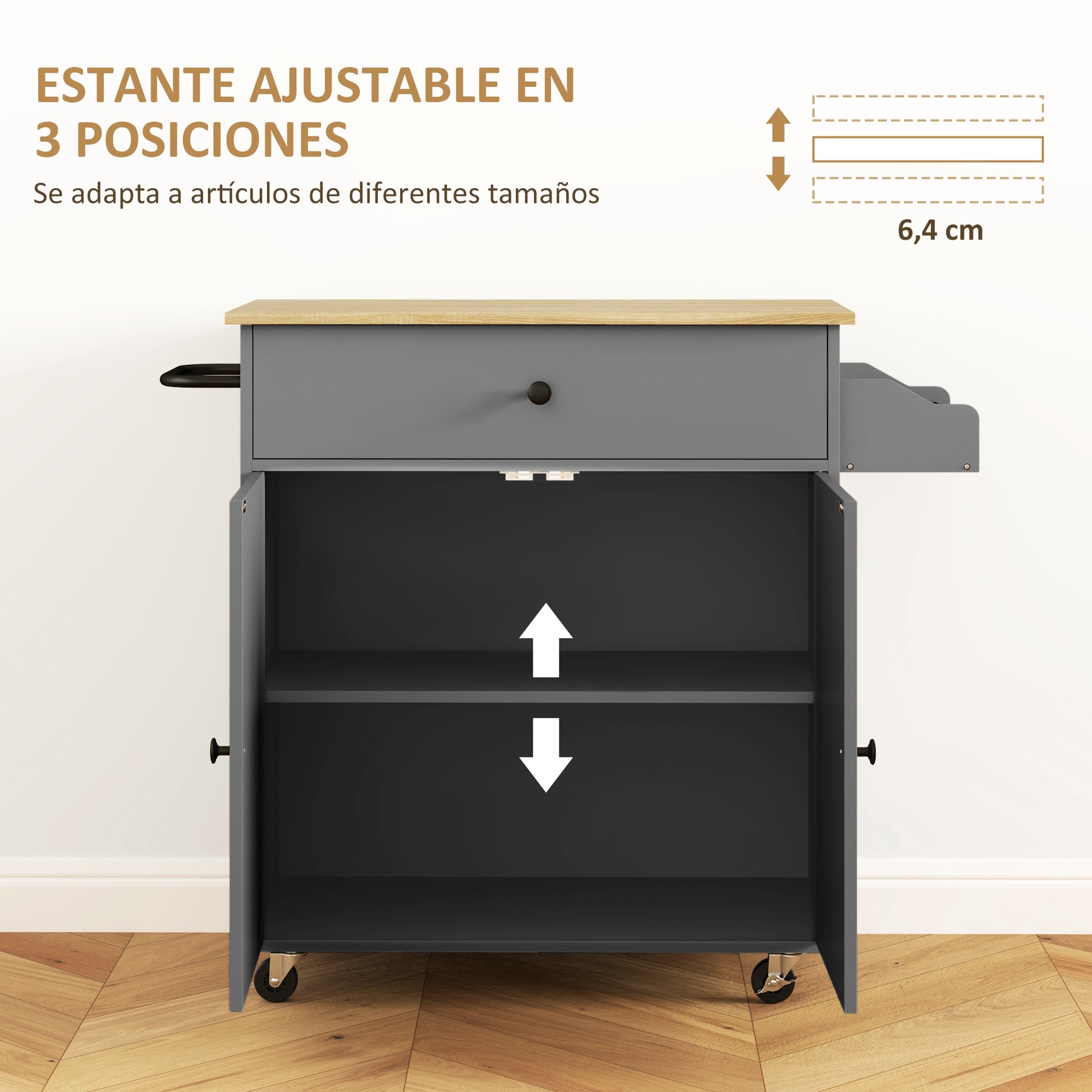 Kitchen Island with Foldable Leaf Kitchen Cart Kitchen Utility Cart with Wheels 2 Doors Drawer Spice Rack Towel Rack and Adjustable Shelf 106x42x87 cm Gray and Oak