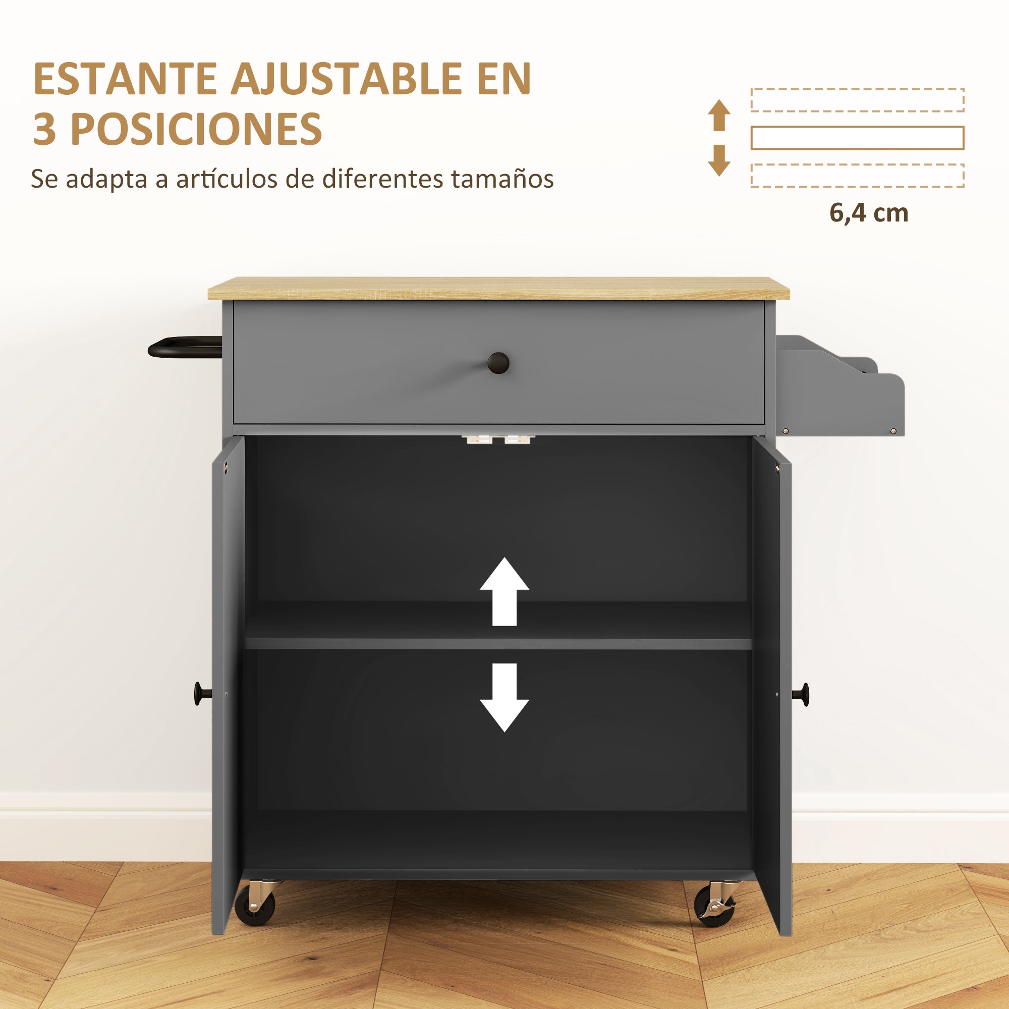 Kitchen Island with Foldable Leaf Kitchen Cart Kitchen Utility Cart with Wheels 2 Doors Drawer Spice Rack Towel Rack and Adjustable Shelf 106x42x87 cm Gray and Oak