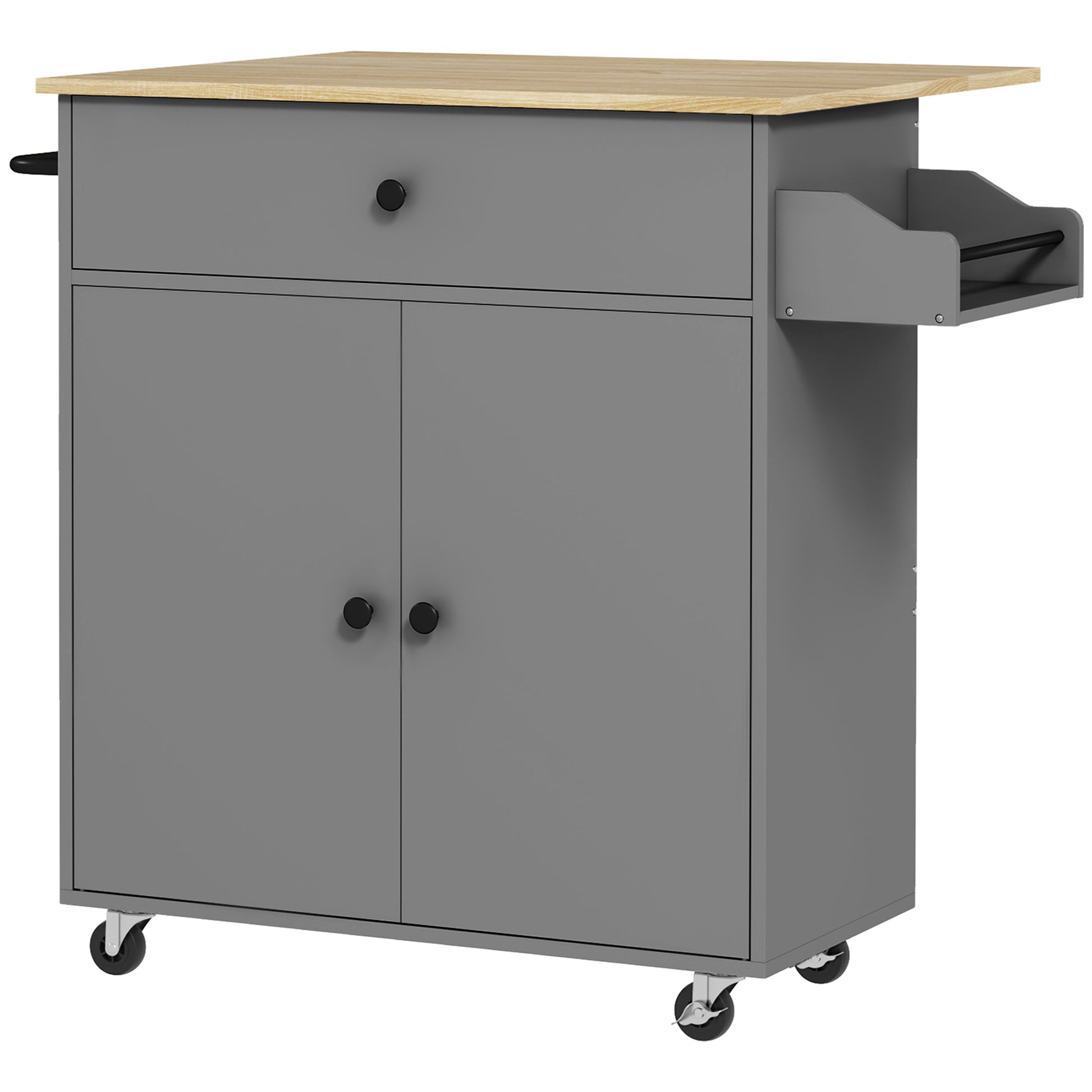 Kitchen Island with Foldable Leaf Kitchen Cart Kitchen Utility Cart with Wheels 2 Doors Drawer Spice Rack Towel Rack and Adjustable Shelf 106x42x87 cm Gray and Oak
