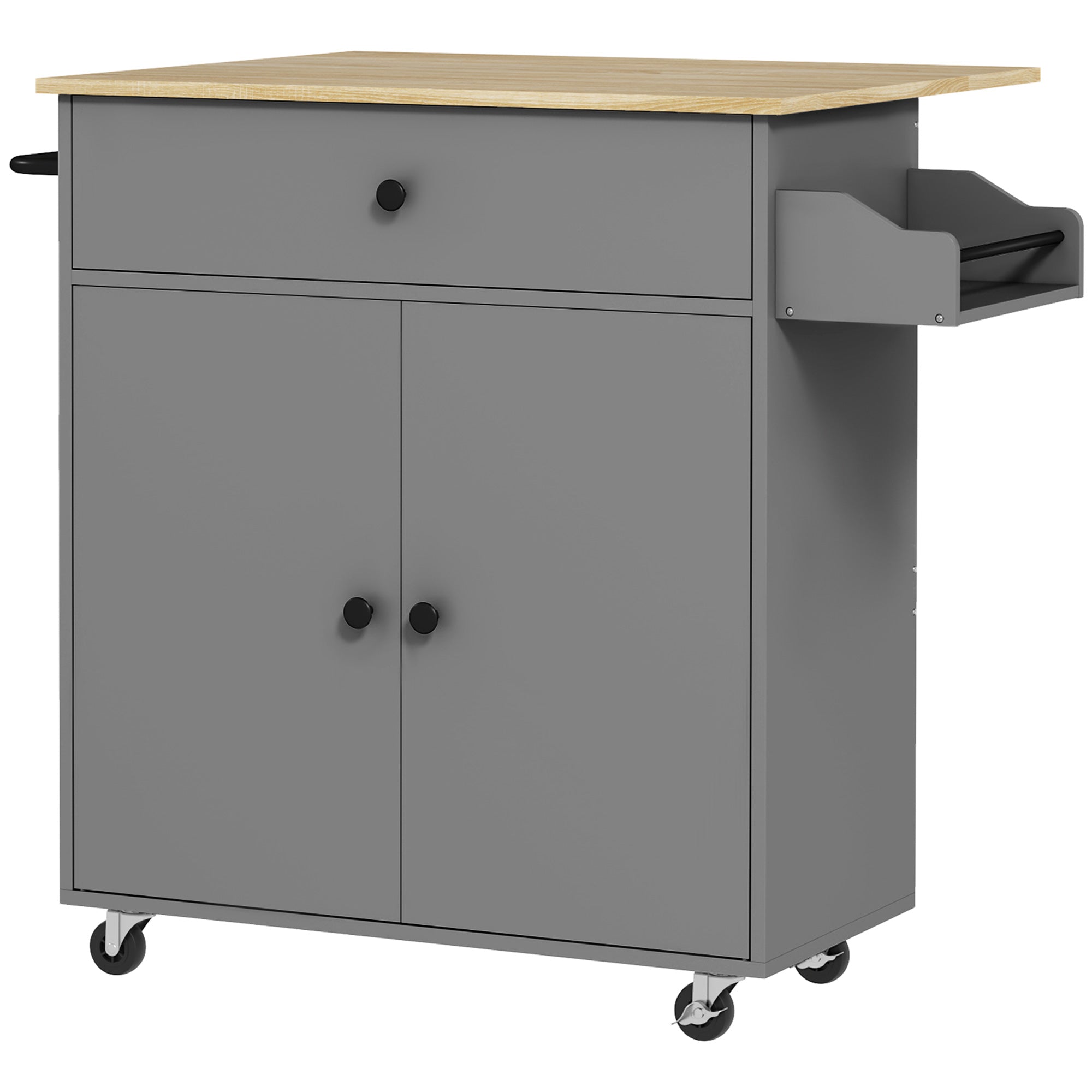 Kitchen Island with Foldable Leaf Kitchen Cart Kitchen Utility Cart with Wheels 2 Doors Drawer Spice Rack Towel Rack and Adjustable Shelf 106x42x87 cm Gray and Oak