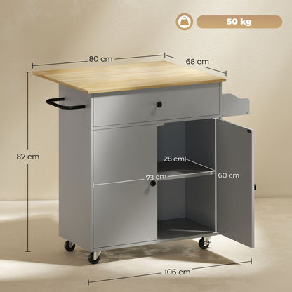 Kitchen Island with Foldable Leaf Kitchen Cart Kitchen Utility Cart with Wheels 2 Doors Drawer Spice Rack Towel Rack and Adjustable Shelf 106x42x87 cm Gray and Oak