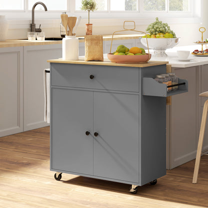 Kitchen Island with Foldable Leaf Kitchen Cart Kitchen Utility Cart with Wheels 2 Doors Drawer Spice Rack Towel Rack and Adjustable Shelf 106x42x87 cm Gray and Oak