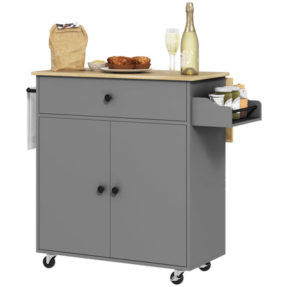 Kitchen Island with Foldable Leaf Kitchen Cart Kitchen Utility Cart with Wheels 2 Doors Drawer Spice Rack Towel Rack and Adjustable Shelf 106x42x87 cm Gray and Oak