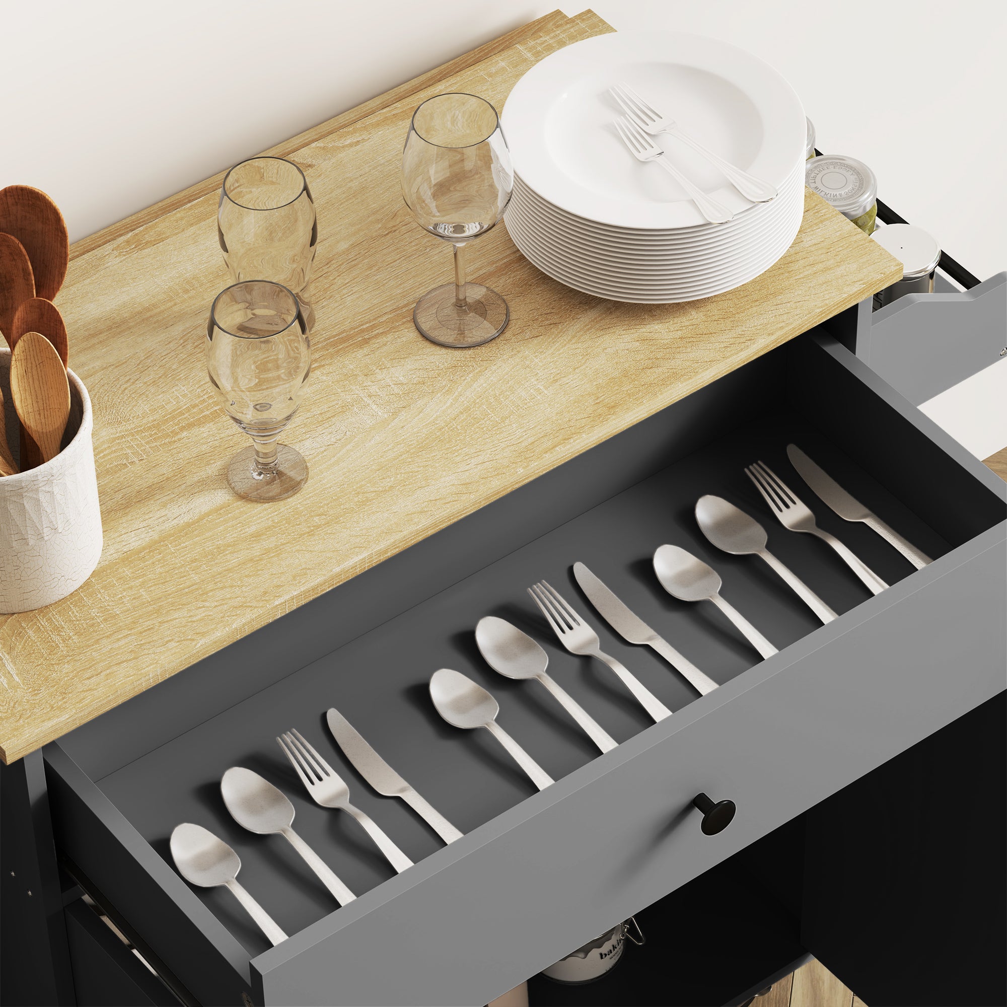 Kitchen Island with Foldable Leaf Kitchen Cart Kitchen Utility Cart with Wheels 2 Doors Drawer Spice Rack Towel Rack and Adjustable Shelf 106x42x87 cm Gray and Oak