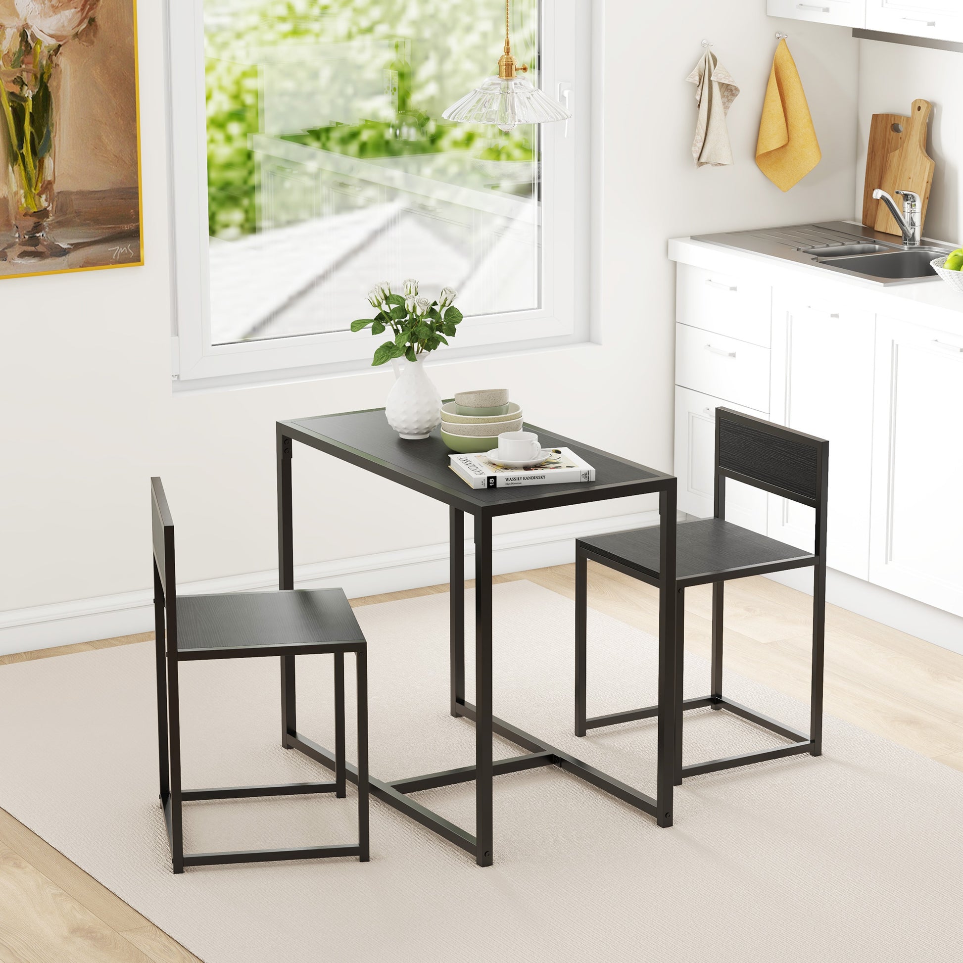 3 Piece Dining Set, Kitchen Table with 2 Chairs, Dining Table Set, Dining Group, Dining Table for Dining Room, Kitchen, Metal, Black
