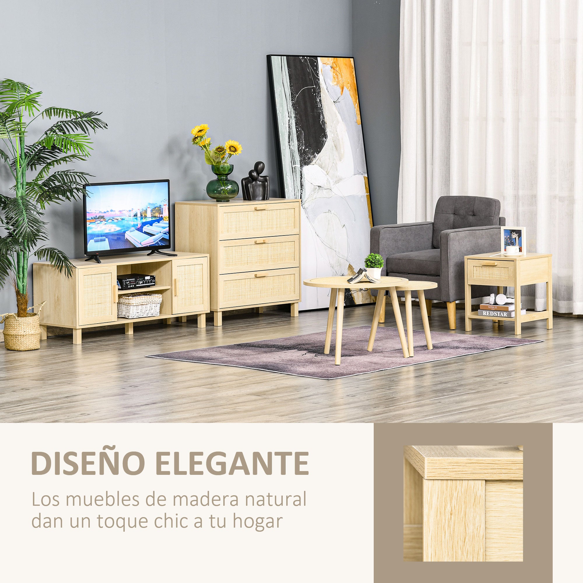 Bedside Table Nightstand with Rattan Drawer and Lower Shelf Load 88 lbs for Bedroom Living Room 15.7x15.7x18.9 inches Natural Wood