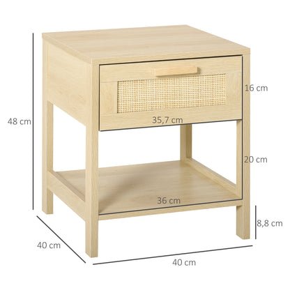 Bedside Table Nightstand with Rattan Drawer and Lower Shelf Load 88 lbs for Bedroom Living Room 15.7x15.7x18.9 inches Natural Wood