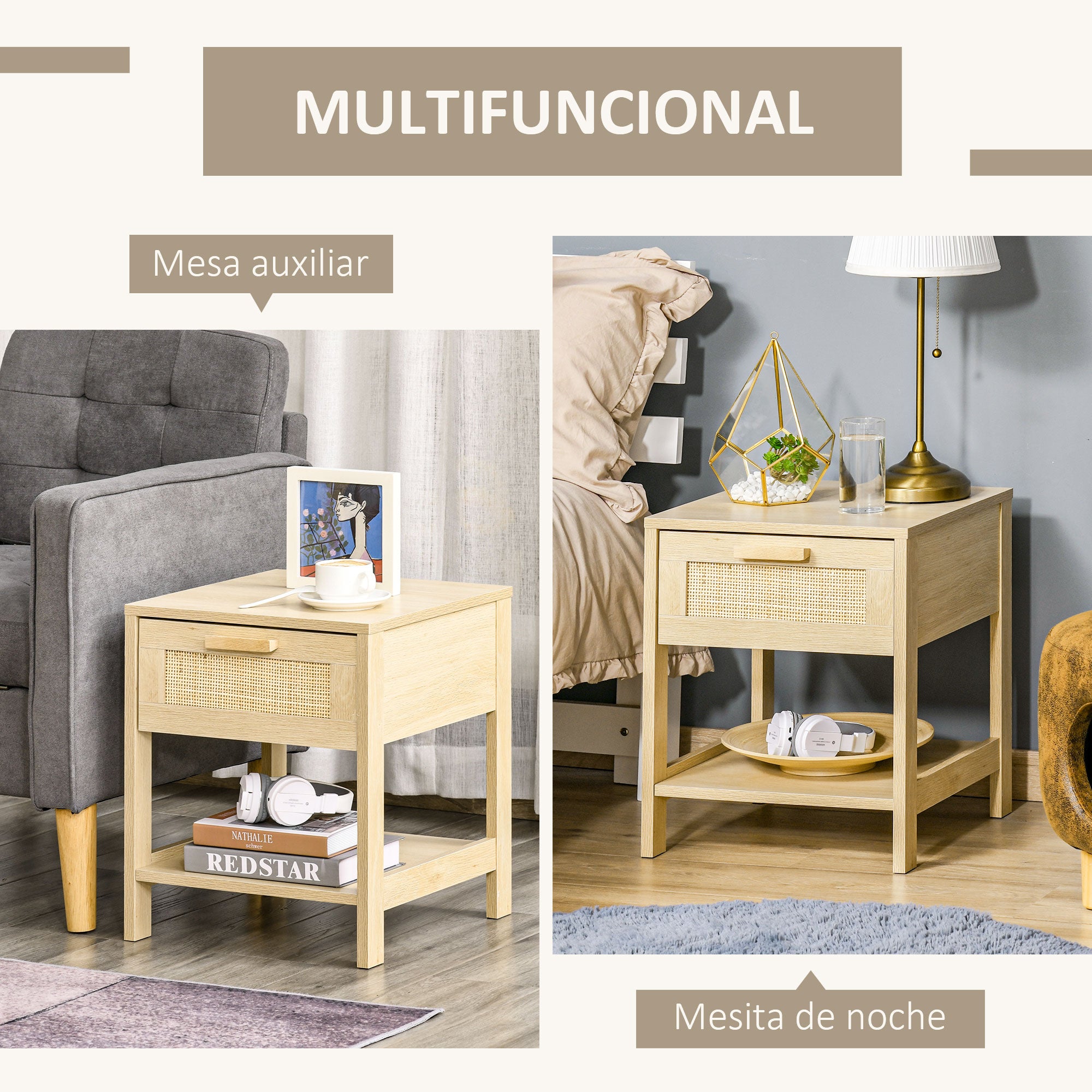 Bedside Table Nightstand with Rattan Drawer and Lower Shelf Load 88 lbs for Bedroom Living Room 15.7x15.7x18.9 inches Natural Wood