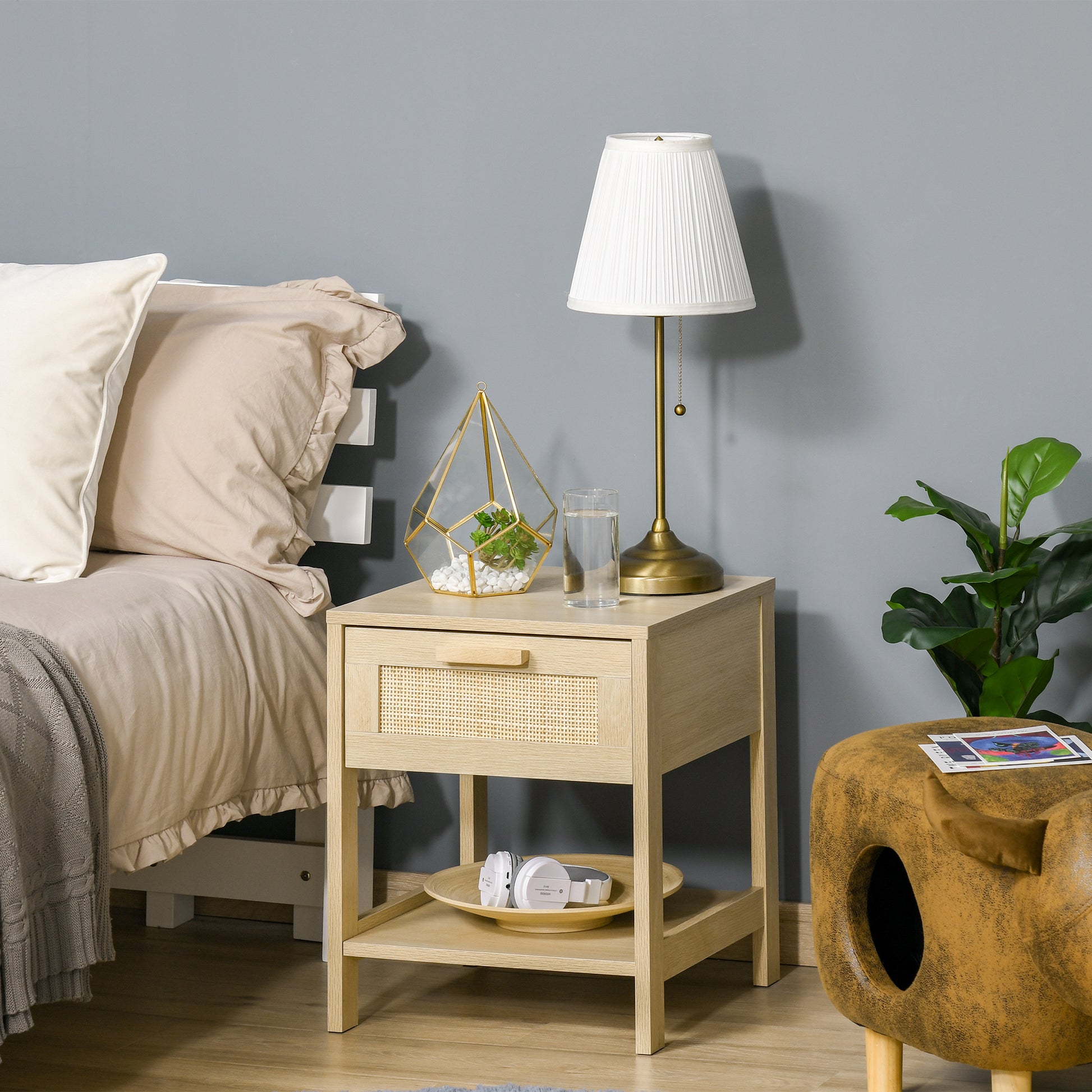 Bedside Table Nightstand with Rattan Drawer and Lower Shelf Load 88 lbs for Bedroom Living Room 15.7x15.7x18.9 inches Natural Wood