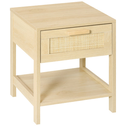 Bedside Table Nightstand with Rattan Drawer and Lower Shelf Load 88 lbs for Bedroom Living Room 15.7x15.7x18.9 inches Natural Wood