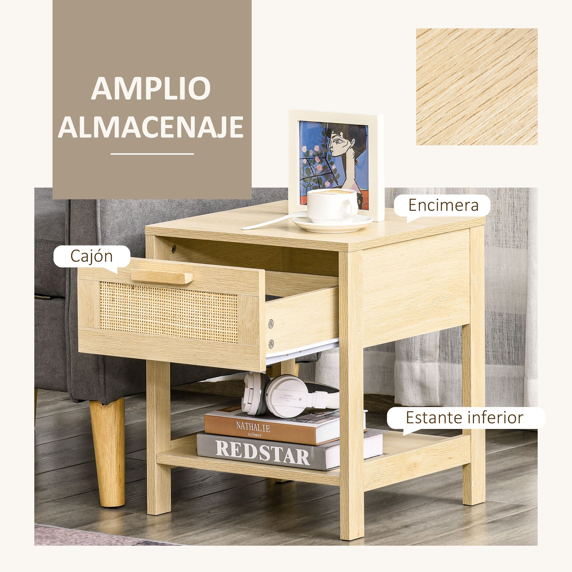 Bedside Table Nightstand with Rattan Drawer and Lower Shelf Load 88 lbs for Bedroom Living Room 15.7x15.7x18.9 inches Natural Wood