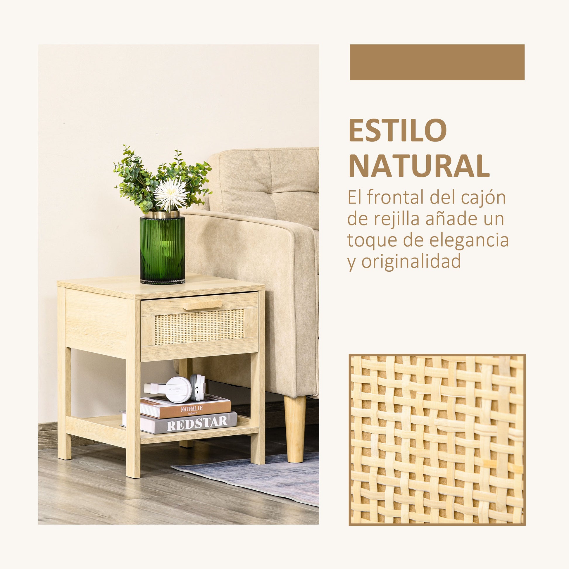 Bedside Table Nightstand with Rattan Drawer and Lower Shelf Load 88 lbs for Bedroom Living Room 15.7x15.7x18.9 inches Natural Wood
