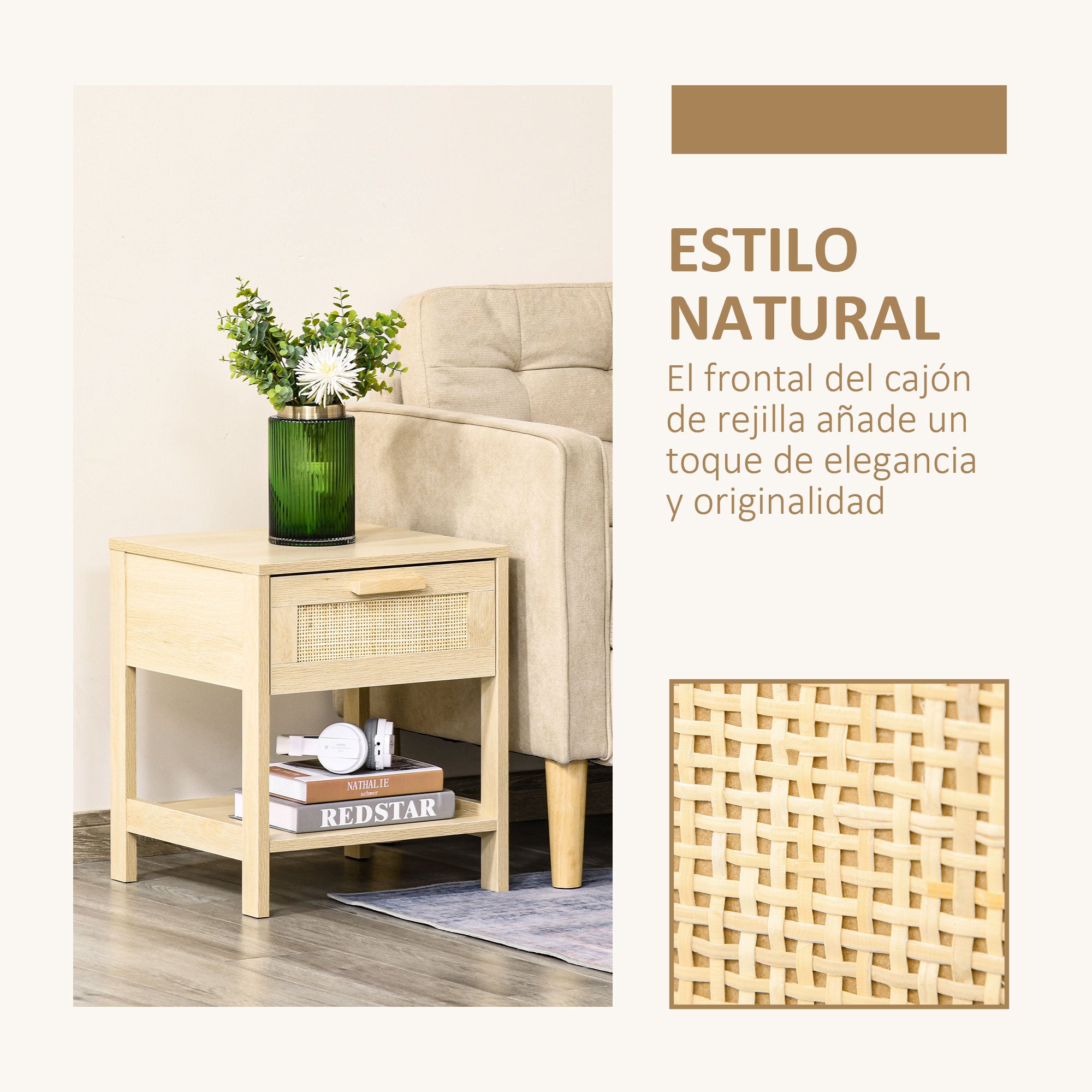 Bedside Table Nightstand with Rattan Drawer and Lower Shelf Load 88 lbs for Bedroom Living Room 15.7x15.7x18.9 inches Natural Wood