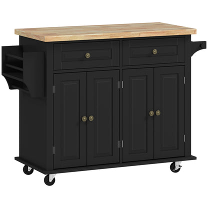 Isla de Cocina con Ruedas Carro de Cocina con 2 Cajones 4 Puertas Especiero Encimera de Madera Estante Ajustable y Barra Lateral para Comedor 111x44,5x82,5 cm Negro