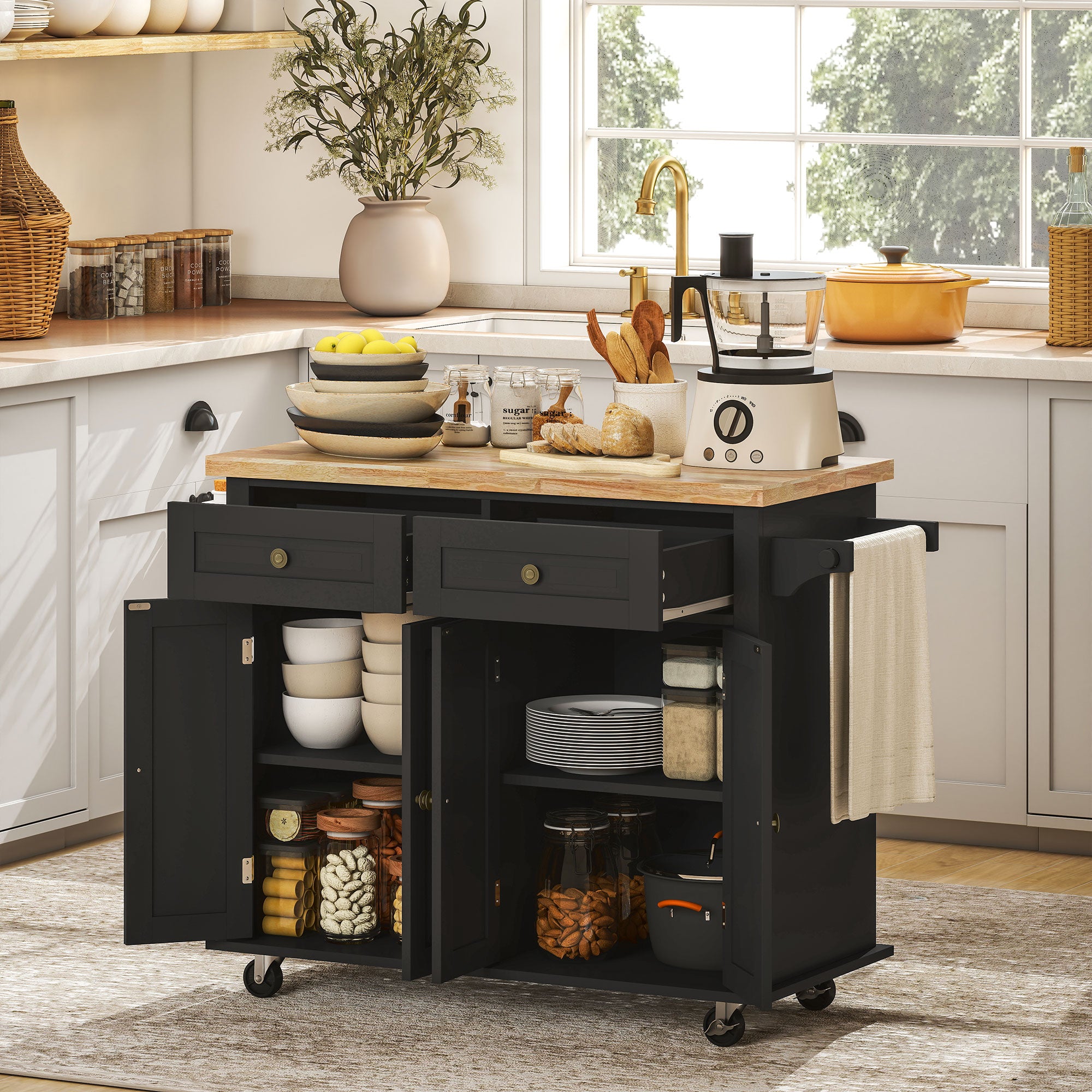 Isla de Cocina con Ruedas Carro de Cocina con 2 Cajones 4 Puertas Especiero Encimera de Madera Estante Ajustable y Barra Lateral para Comedor 111x44,5x82,5 cm Negro