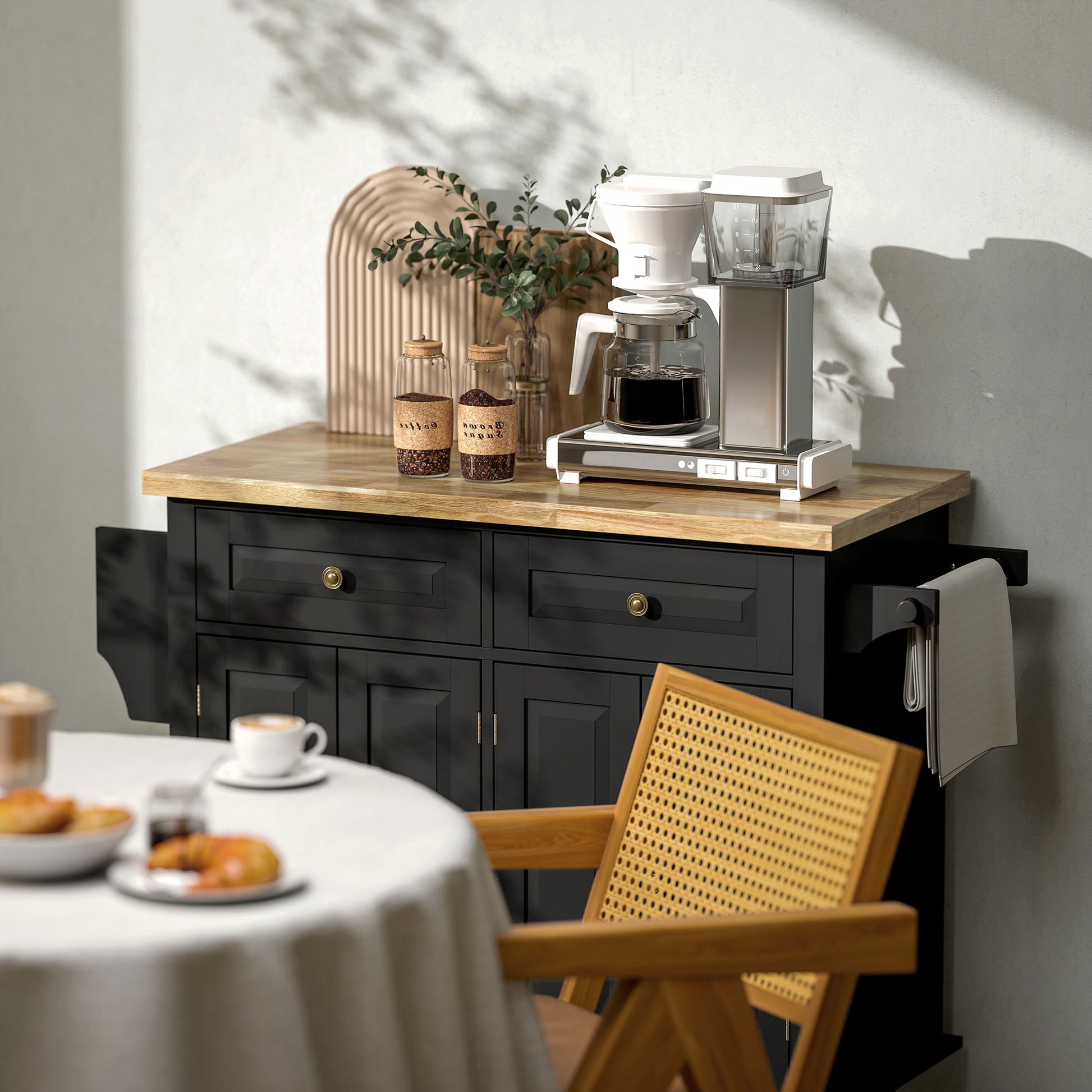Isla de Cocina con Ruedas Carro de Cocina con 2 Cajones 4 Puertas Especiero Encimera de Madera Estante Ajustable y Barra Lateral para Comedor 111x44,5x82,5 cm Negro