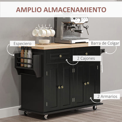 Isla de Cocina con Ruedas Carro de Cocina con 2 Cajones 4 Puertas Especiero Encimera de Madera Estante Ajustable y Barra Lateral para Comedor 111x44,5x82,5 cm Negro