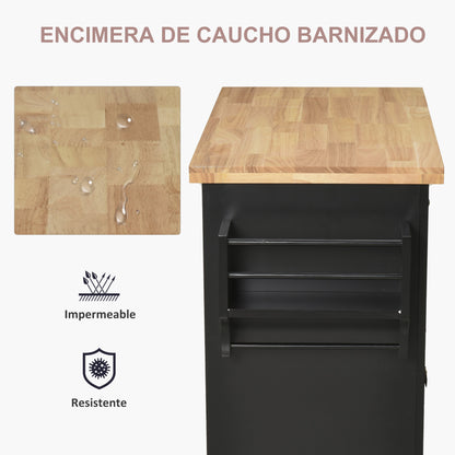 Isla de Cocina con Ruedas Carro de Cocina con 2 Cajones 4 Puertas Especiero Encimera de Madera Estante Ajustable y Barra Lateral para Comedor 111x44,5x82,5 cm Negro