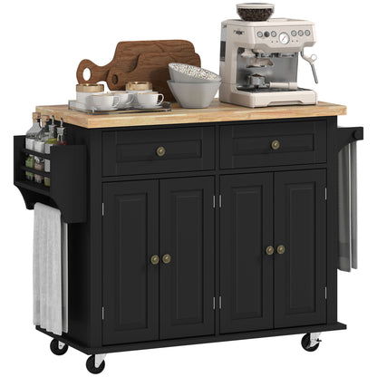 Isla de Cocina con Ruedas Carro de Cocina con 2 Cajones 4 Puertas Especiero Encimera de Madera Estante Ajustable y Barra Lateral para Comedor 111x44,5x82,5 cm Negro