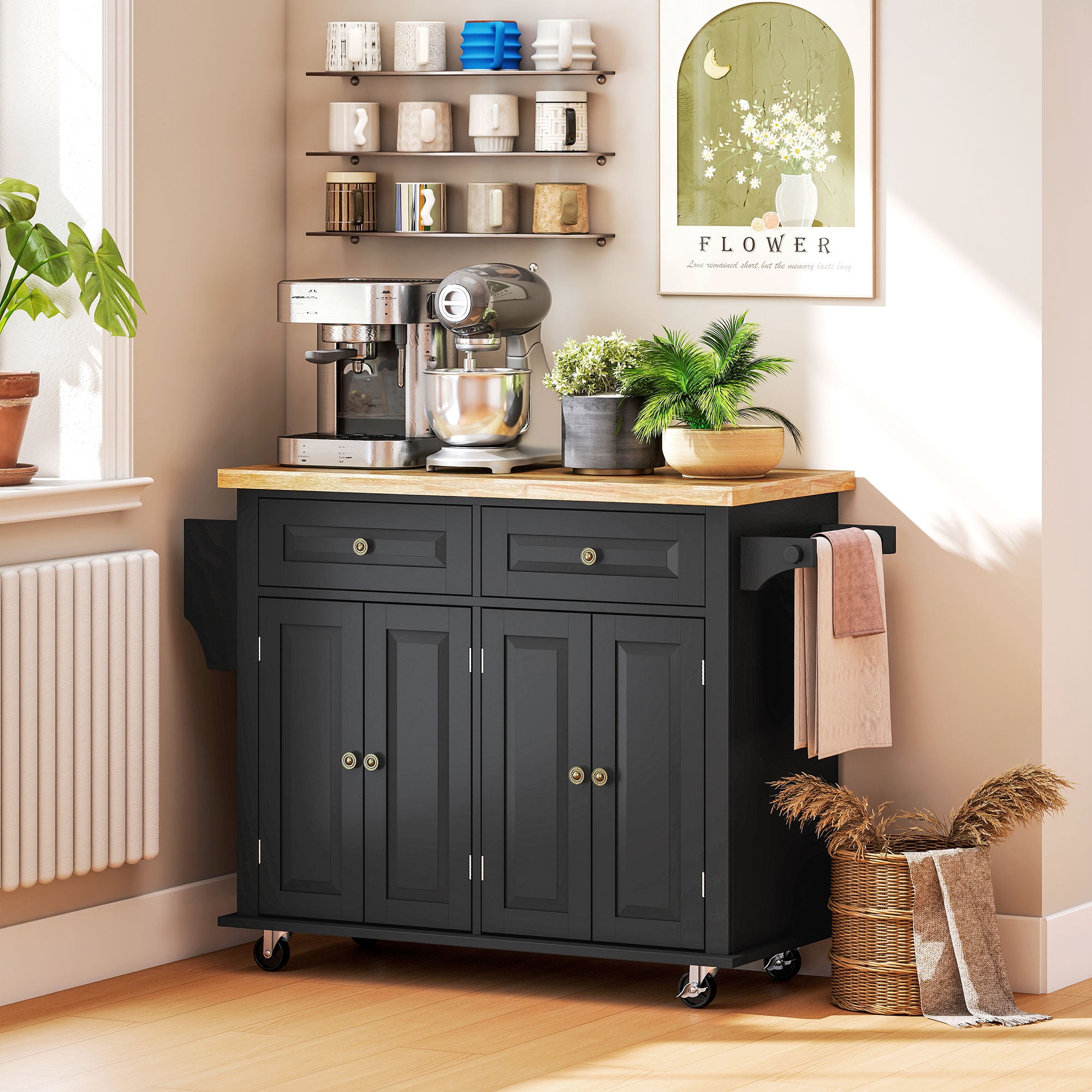 Isla de Cocina con Ruedas Carro de Cocina con 2 Cajones 4 Puertas Especiero Encimera de Madera Estante Ajustable y Barra Lateral para Comedor 111x44,5x82,5 cm Negro